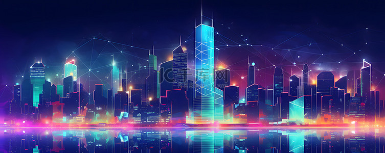 城市建筑夜晚背景图片_未来科技城市信号传输概念背景