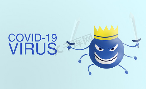 covid-19 病毒-词 Corona 病毒卡通蓝色与剑分离与颜色背景。