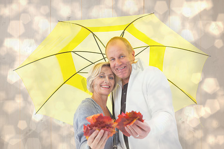 伞下秋叶幸福成熟夫妇的合成图像