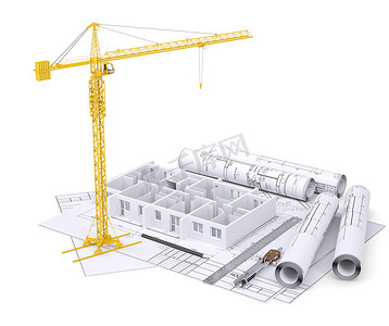 建设中的公寓楼、起重机、图纸、绘图工具