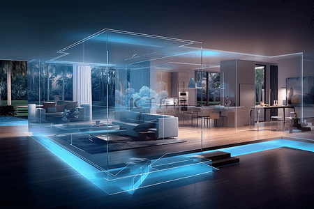 智能科技背景图片_3D效果智能家居微缩房屋模型科技背景