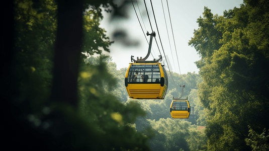 白天，黄色缆车越过绿树