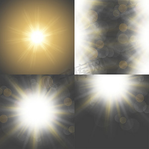 白色灯光射线摄影照片_设置有四个抽象模糊背景覆盖半透明圆圈、灯光效果和太阳爆发。