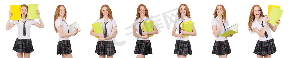 年轻女学生与教科书隔离在白色