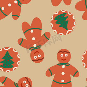 无缝手绘图案与圣诞饼干米色新年食品姜饼人花圈蝴蝶结。