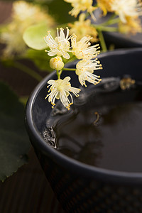 菩提树摄影照片_茶壶和杯子用菩提树茶和花
