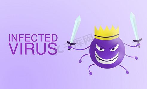 被感染的病毒-词电晕病毒卡通紫罗兰色与剑隔离与颜色背景。