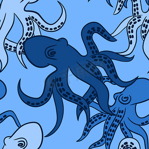 手绘水瓶摄影照片_手绘无缝图案与蓝色章鱼海洋物种动物。