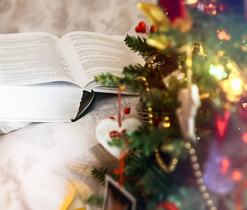 在带灯的圣诞树附近打开厚厚的书