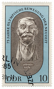 de德国摄影照片_邮票上的皮埃尔·德·顾拜旦 (Pierre de Coubertin) 浮雕