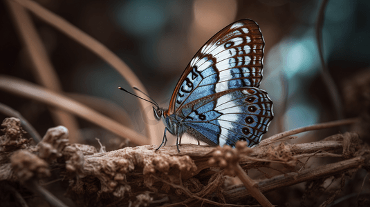 蓝白相间的蝴蝶栖息在棕色的植物上