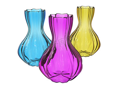 三个玻璃花瓶 3d 渲染为蓝色、紫色和黄色设计