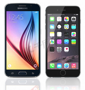 黑色蓝宝石三星 Galaxy S6 和黑色苹果 iPhone 6 whi