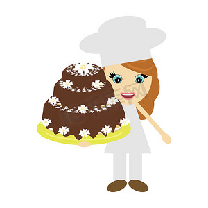 可爱的大公鸡摄影照片_拿着大蛋糕的女孩厨师