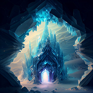 有蓝白色水晶的冰洞以有水晶的城堡的形式