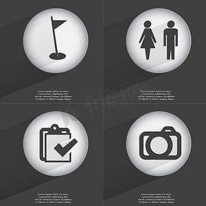高尔夫球洞，男人和女人的剪影，任务完成，相机图标标志。