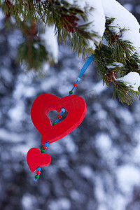 红心圣诞松树装饰冬季森林