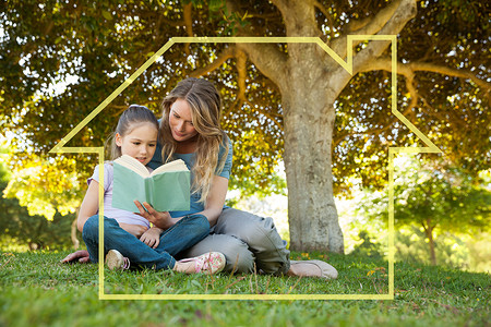 母亲和女儿在公园读书的合成图像