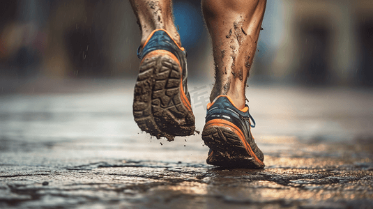 下雨泥泞的路上运动健身跑步脚部特写