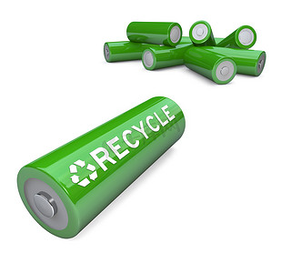 电池回收标志摄影照片_绿色电池 - AA 电池上的回收标志