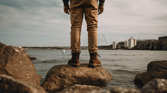 白天，穿着棕色裤子的人站在靠近水体的棕色岩石上