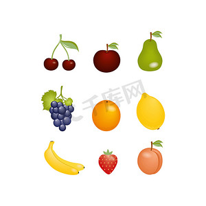 水果桃子矢量摄影照片_一组孤立在白色背景上的水果和浆果图画。