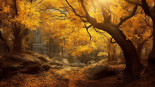 梦幻唯美立体场景树林落叶秋天