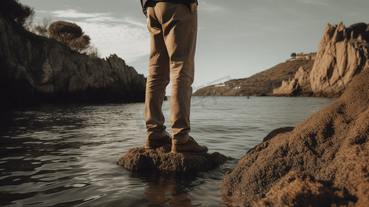白天，穿着棕色裤子的人站在靠近水体的棕色岩石上