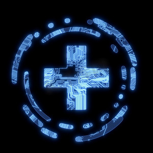 计算机芯片上发光的蓝色电子十字符号