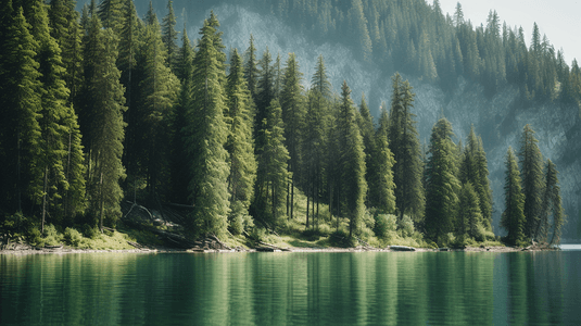 湖边摄影照片_白天湖边的绿色松树