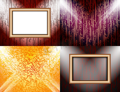 抽象彩色背景摄影照片_彩色墙壁照明上的一组空白框架，带聚光灯的抽象彩色背景。