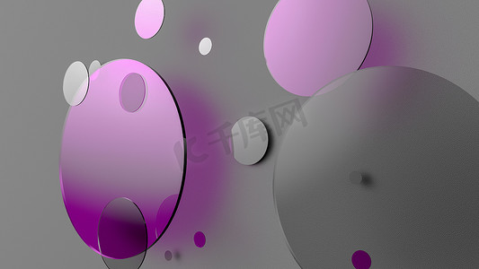 彩色背景上的紫色金属和不透明圆圈和圆柱体。