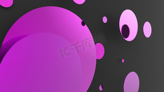 彩色背景上的紫色金属和不透明圆圈和圆柱体。