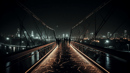 人们在夜间走在桥上