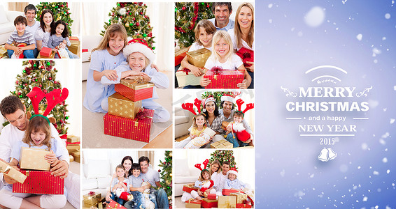 在家一起庆祝圣诞节的家庭拼贴画的合成图像