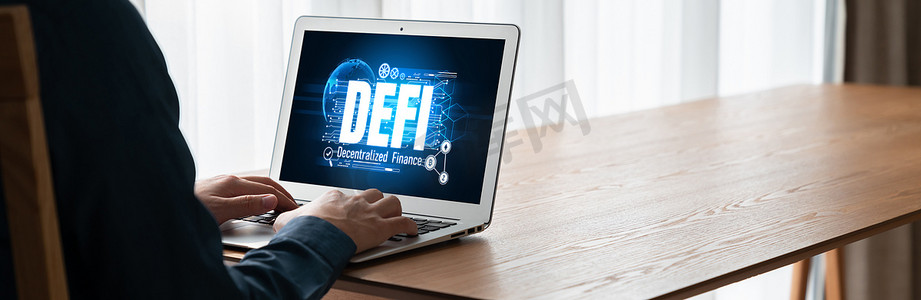 现代电脑屏幕上的去中心化金融或 DeFi 概念