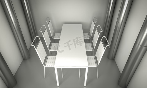 在干净的空间上清洁餐厅、椅子和白色桌子。