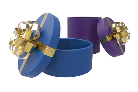 礼盒蝴蝶结摄影照片_两个蓝色和紫色的礼盒