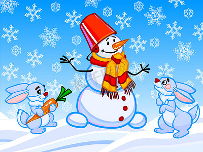 卡通雪人摄影照片_一个雪人和两只兔子的卡通插图。