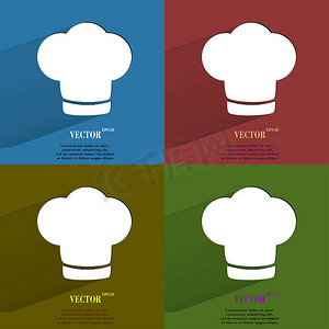 颜色设置 Chef cap Cooking Flat 现代 web 按钮，带有长阴影和文本空间