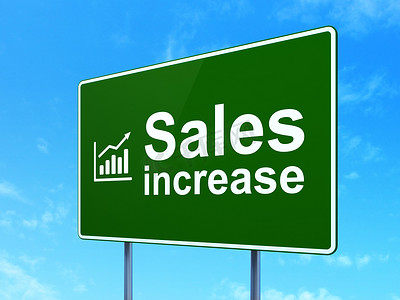 广告概念： 路标背景上的销售增长和增长图