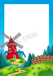 大风车风车摄影照片_带景观和红磨坊的框架