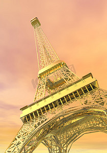 金色城市背景摄影照片_金色埃菲尔铁塔，巴黎，法国 - 3D 渲染