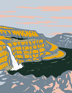大咖讲座海报摄影照片_帕卢斯河上的帕卢斯瀑布与蛇河汇合处附近 华盛顿州 WPA 海报艺术