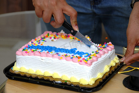毕业蛋糕摄影照片_切蛋糕