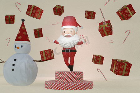 3D 渲染，一个欢快的圣诞老人和雪人在棕色 ICE 背景下的舞蹈。