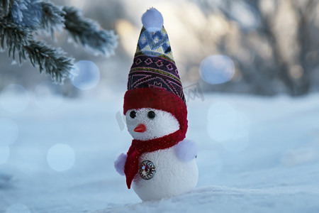 雪地里站着的雪人摄影照片_一个雪人站在雪地里的圣诞树下。
