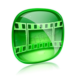 led视频视频摄影照片_电影图标绿色玻璃，孤立在白色背景上。