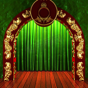 布幕摄影照片_舞台上有金色的绿色布幕