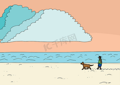 手绘遛狗摄影照片_西班牙裔男子在海滩遛狗